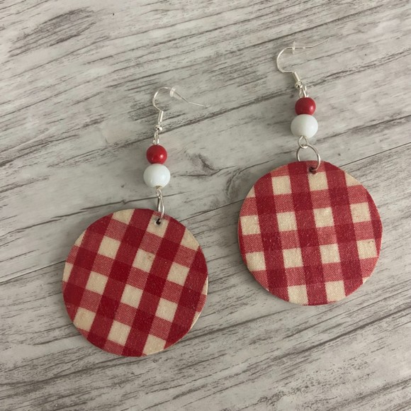 Mushroom Earrings Retro Black Red White Round 2” Dangle Bead French Wire Silver - Picture 3 of 10